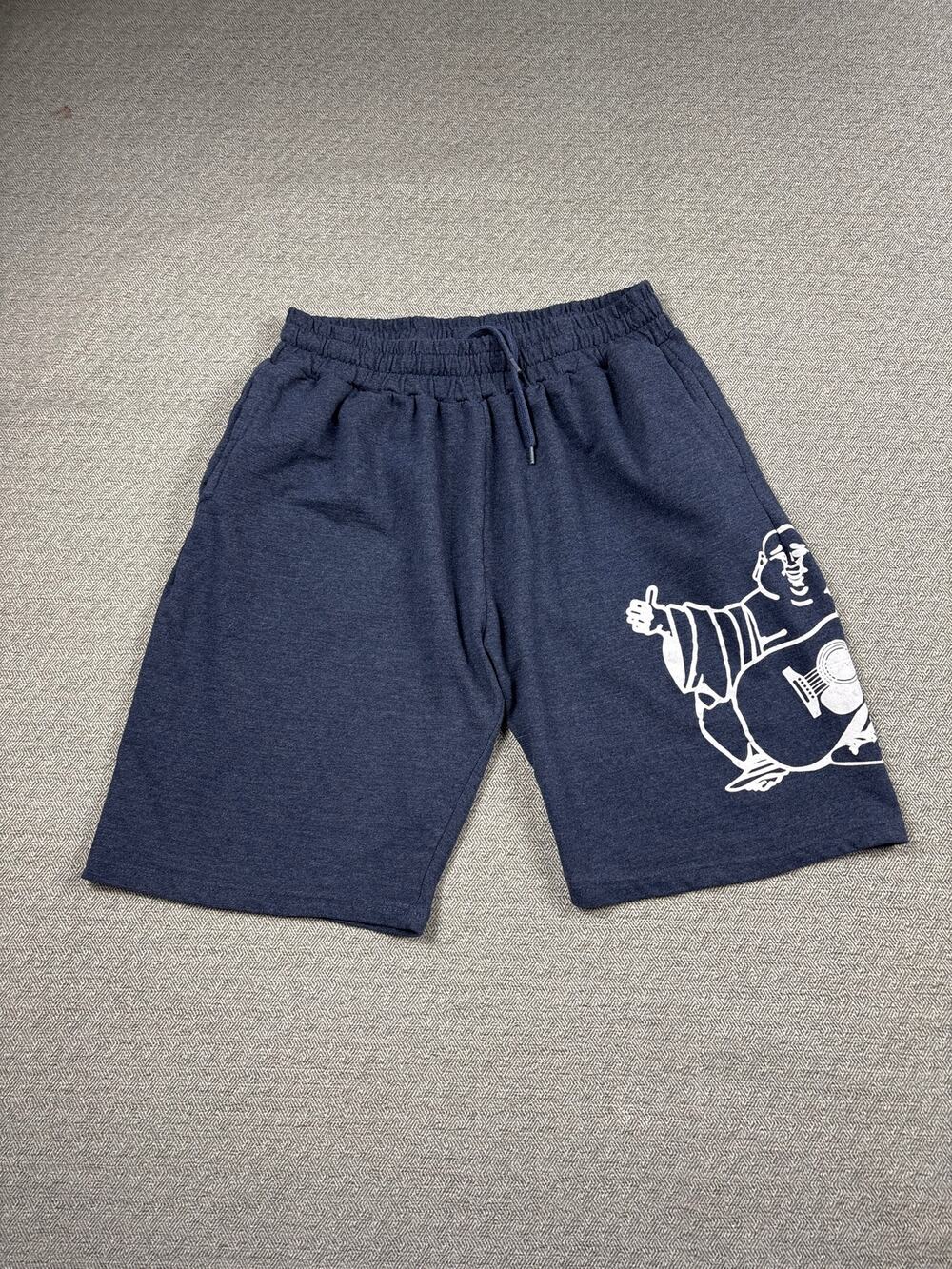 True Religion Sz L Loungewear Shorts Navy w/ White Logo Guitar Buddha Print